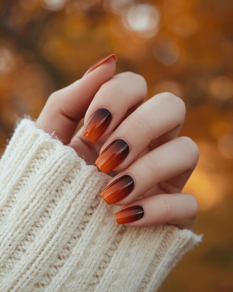 Burnt Orange to Dark Brown Glossy Ombre Square Nails — Orange Nails