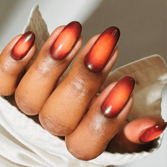 Reddish-Orange to Dark Brown Glossy Ombre Oval Nails — Orange Nails