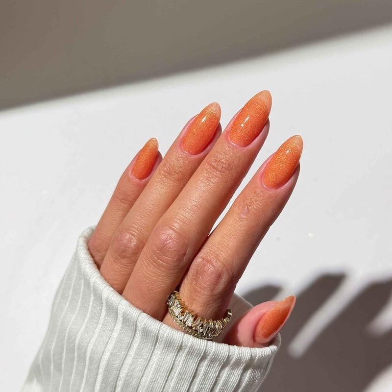 Sheer Bright Orange Shimmer Glossy Medium Almond Nails — Orange Nails