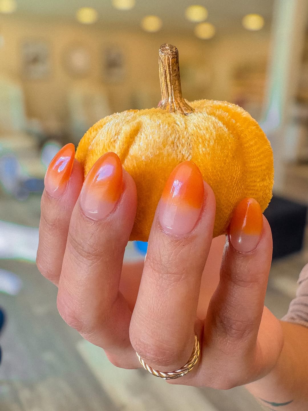 Clear to Orange Gradient Glossy Medium Almond Nails — Orange Nails