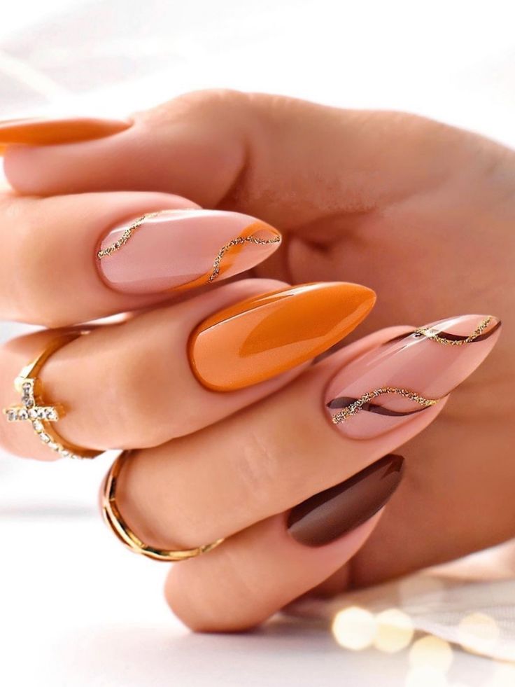 Burnt Orange Matte Nails with Gold Foil Accents — Orange Nails