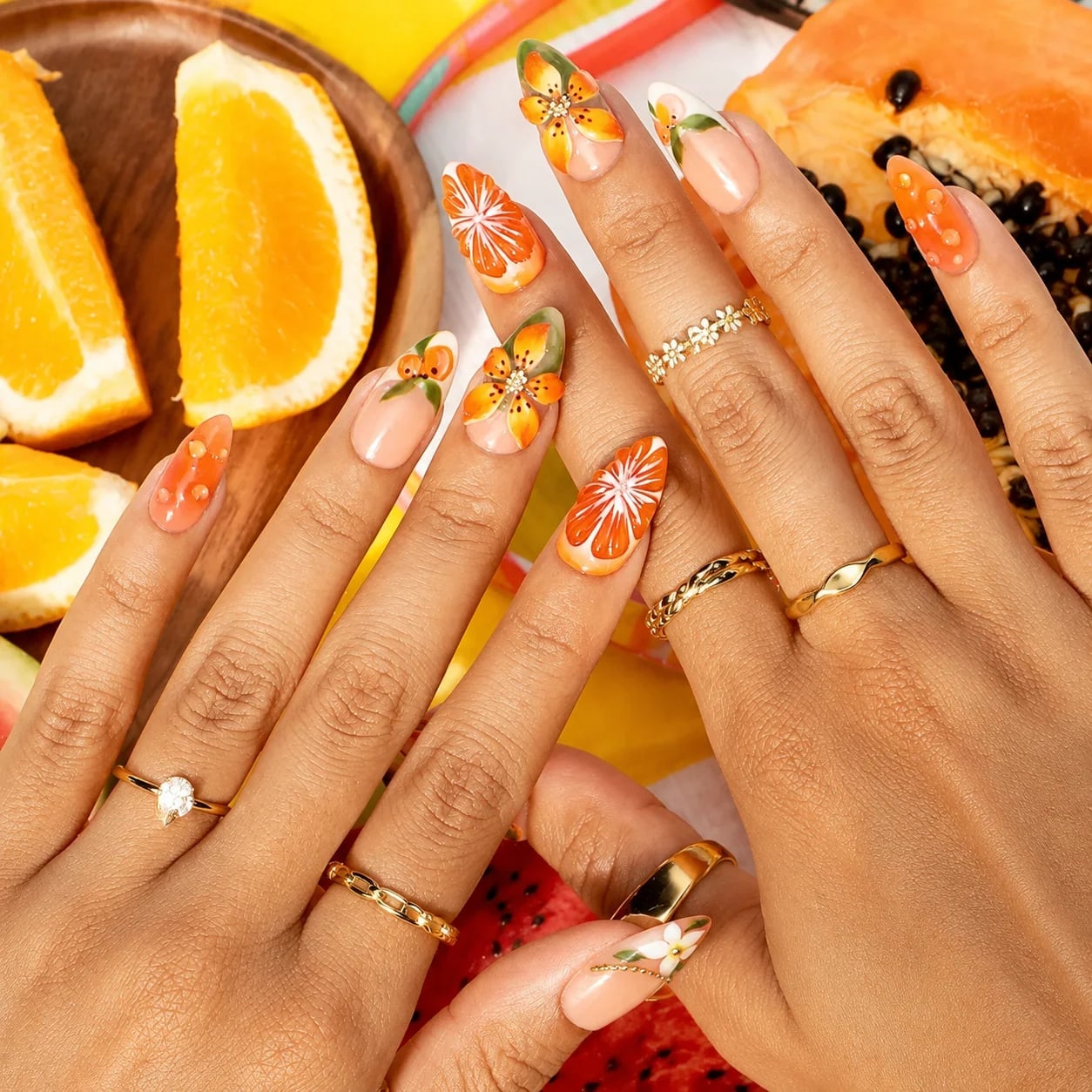 Long Oval Nails with Orange Slice and Flower Art — Orange Nails