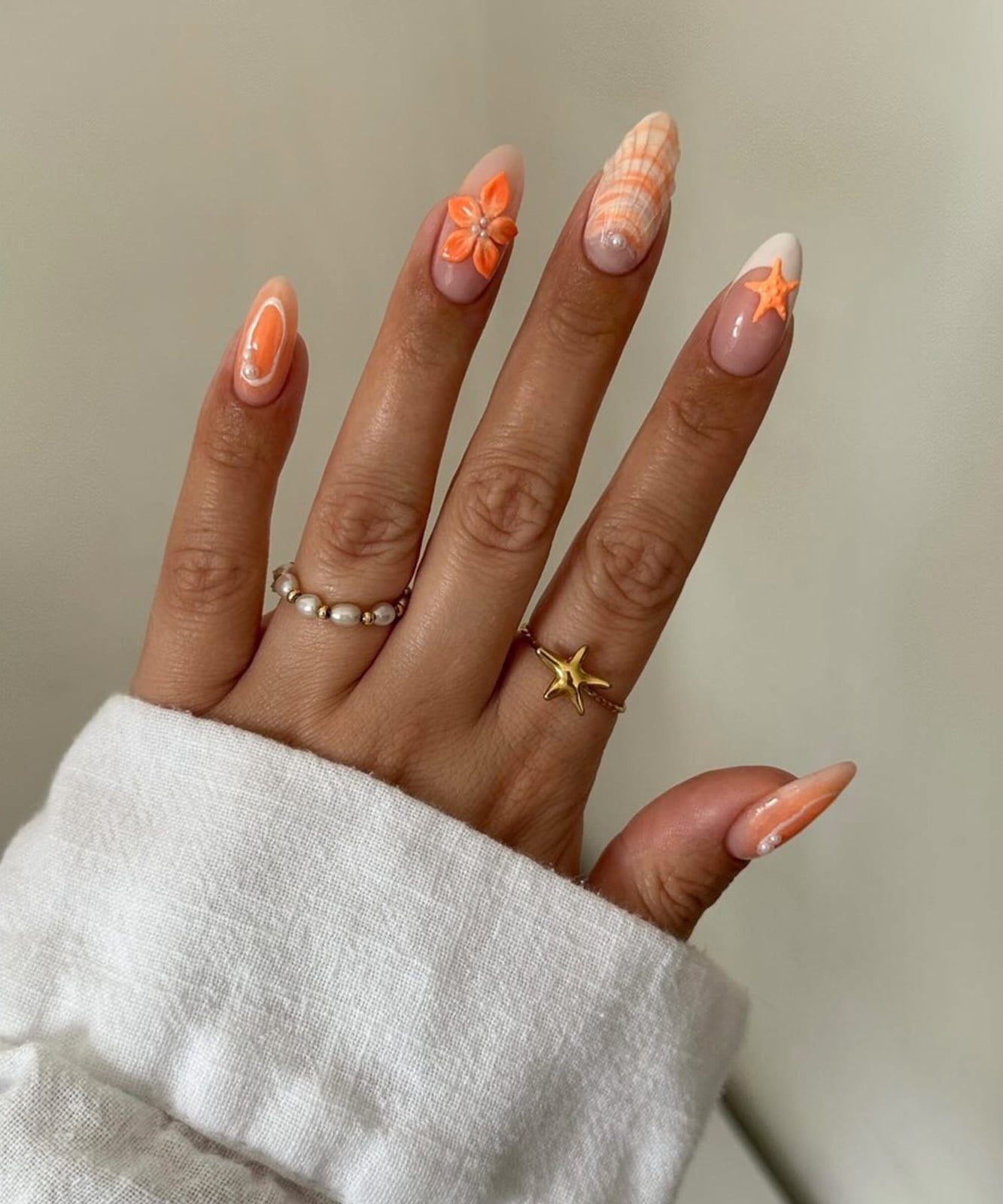Medium Almond Nails with 3D Orange Flower and Pearls — Orange Nails