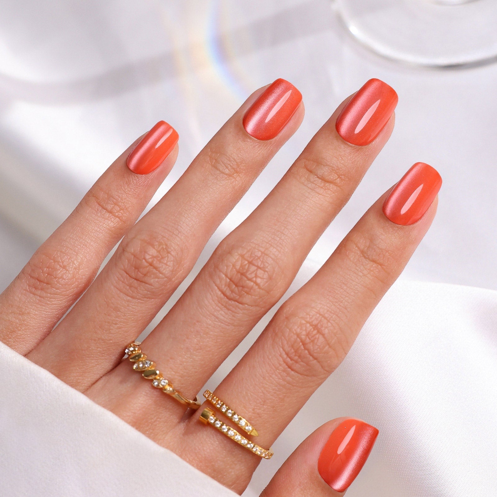 Coral Orange Cat-Eye Short Square Nails, короткий квадрат — Orange Nails