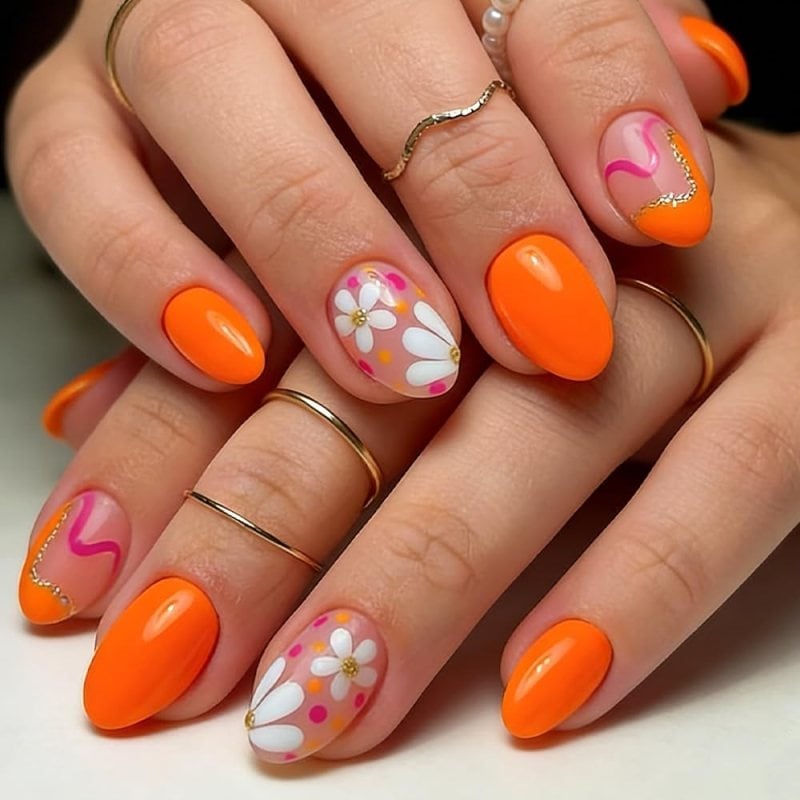 Bright Orange Glossy Nails with Floral and Swirl Art — Orange Nails