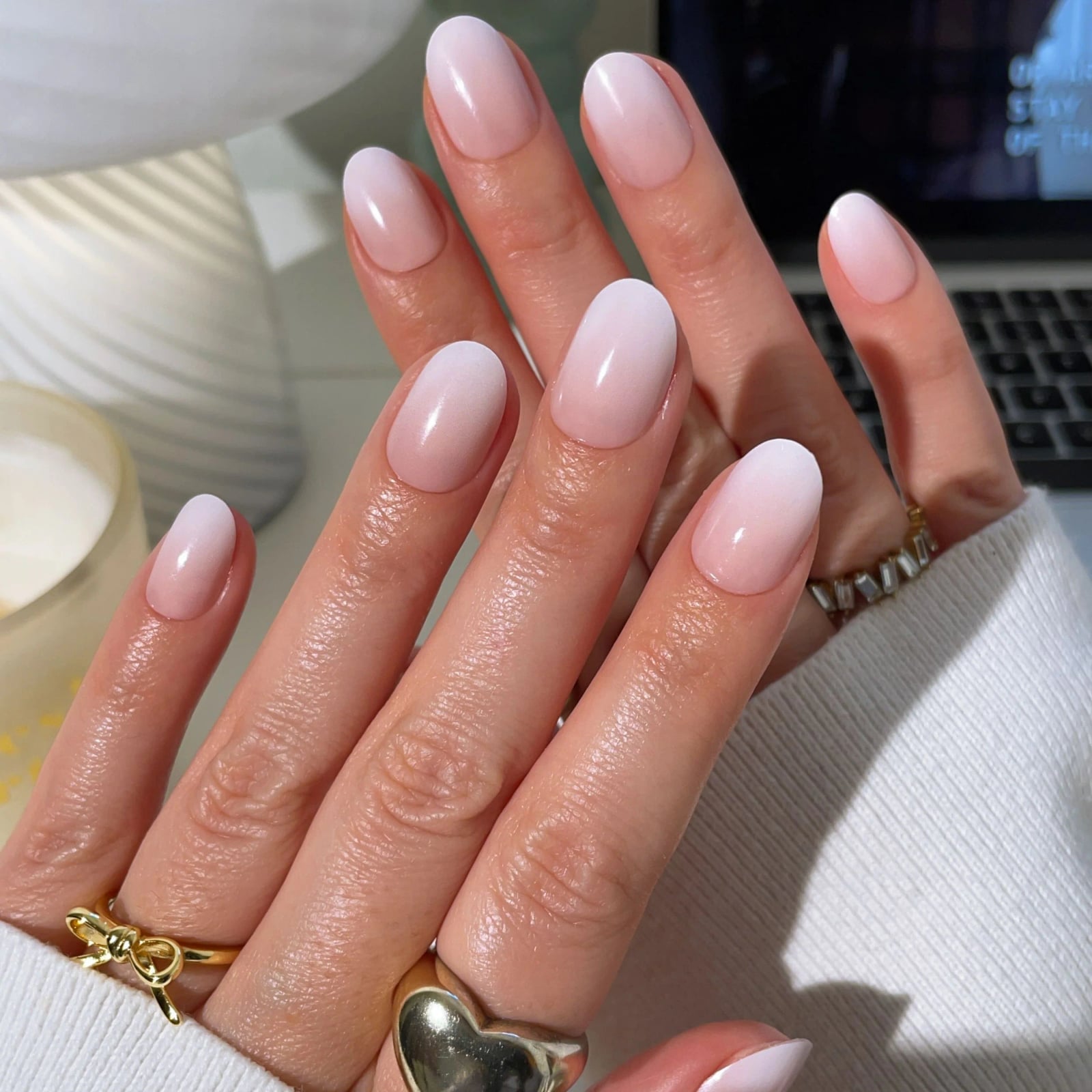 Oval Milky Gradient Glossy Nails — Oval Nails