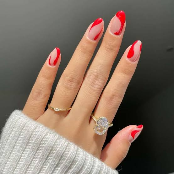Medium Oval Nude Red Wavy Line Nails — Oval Nails