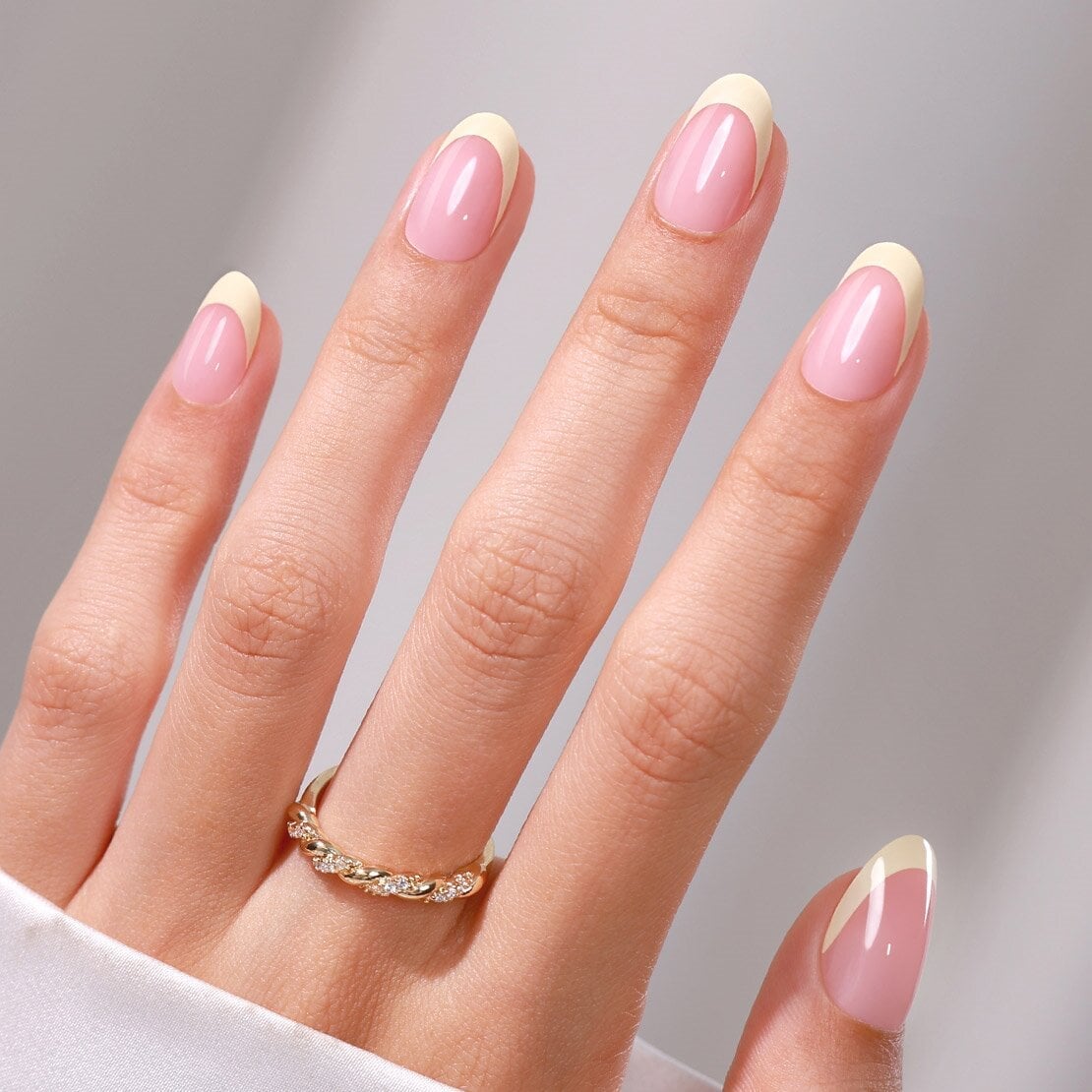 Medium Oval Pink Pastel Yellow French Nails — Oval Nails