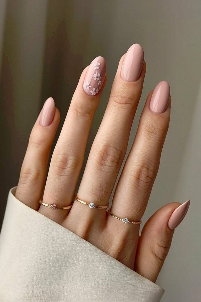 Medium Oval Nude Fine Line Floral Nails — Oval Nails