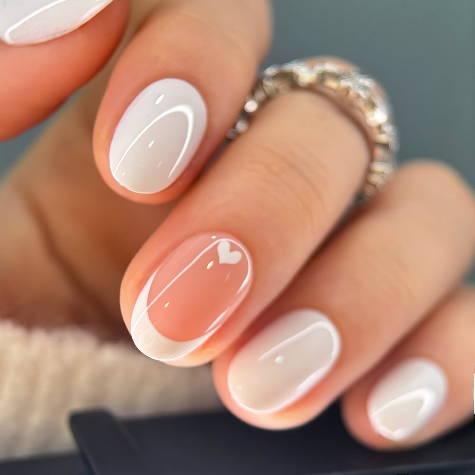 Short Oval Nude White French Heart Nails — Oval Nails