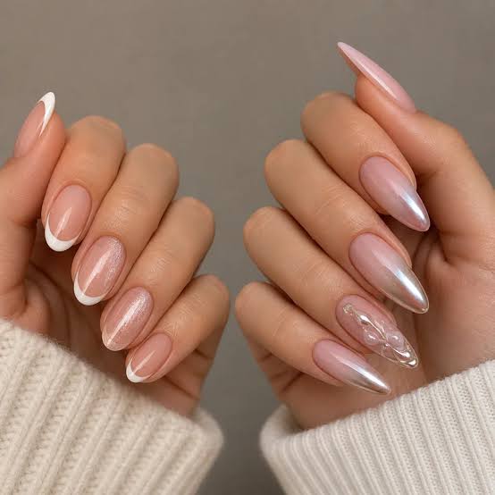 Medium Oval Pearlescent Cat-Eye French Nails — Oval Nails