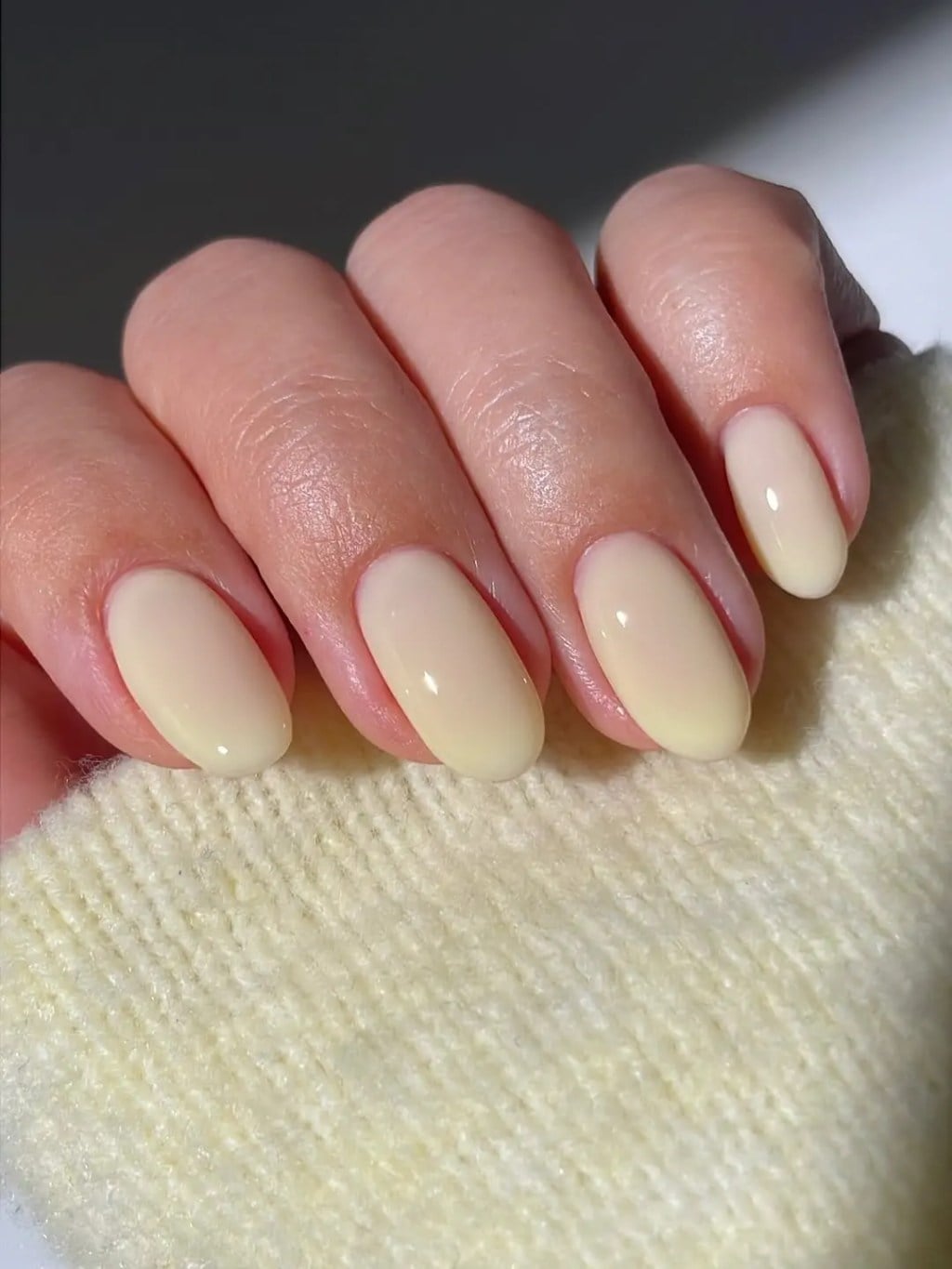 Short Oval Soft Pale Yellow Glossy Nails — Oval Nails