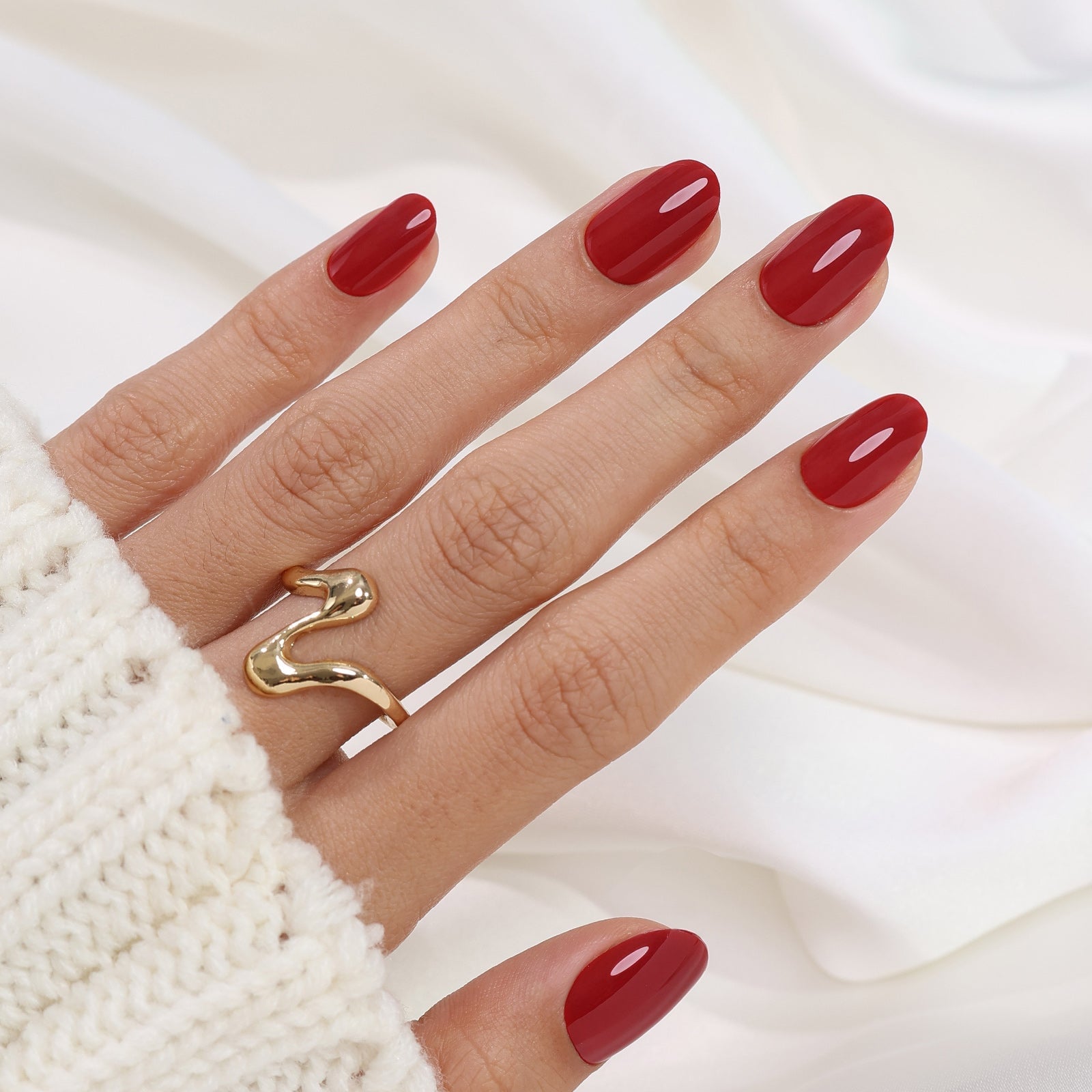 Short Oval Dark Cherry Red Glossy Nails — Oval Nails