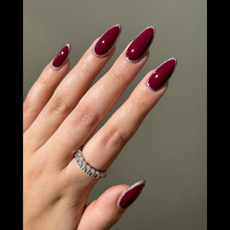 Long Almond Silver Glitter French Tip Nails — Oxblood Nails