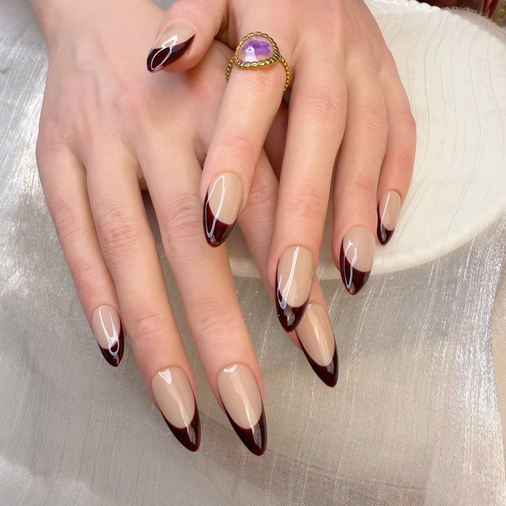 Medium Almond Nude Deep Oxblood French Tips — Oxblood Nails