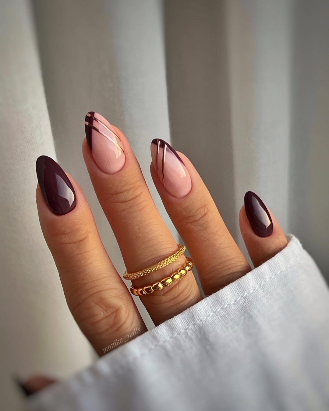 Medium Almond Oxblood Nude Contrast French Nails — Oxblood Nails