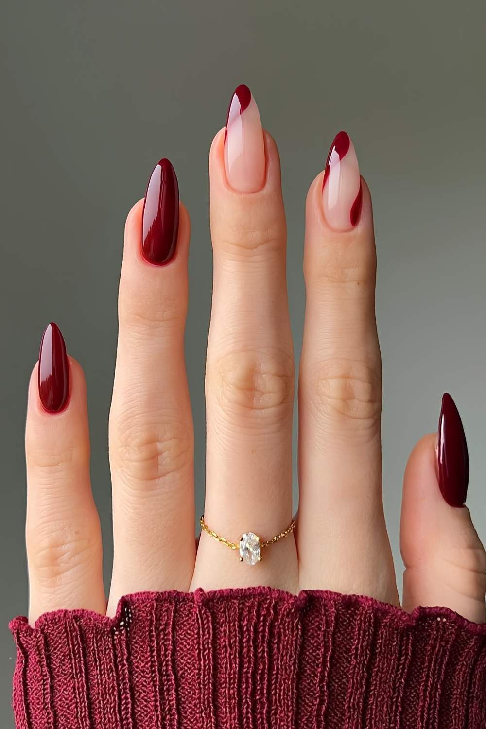 Almond Wavy French Burgundy Gold Line Nails — Oxblood Nails
