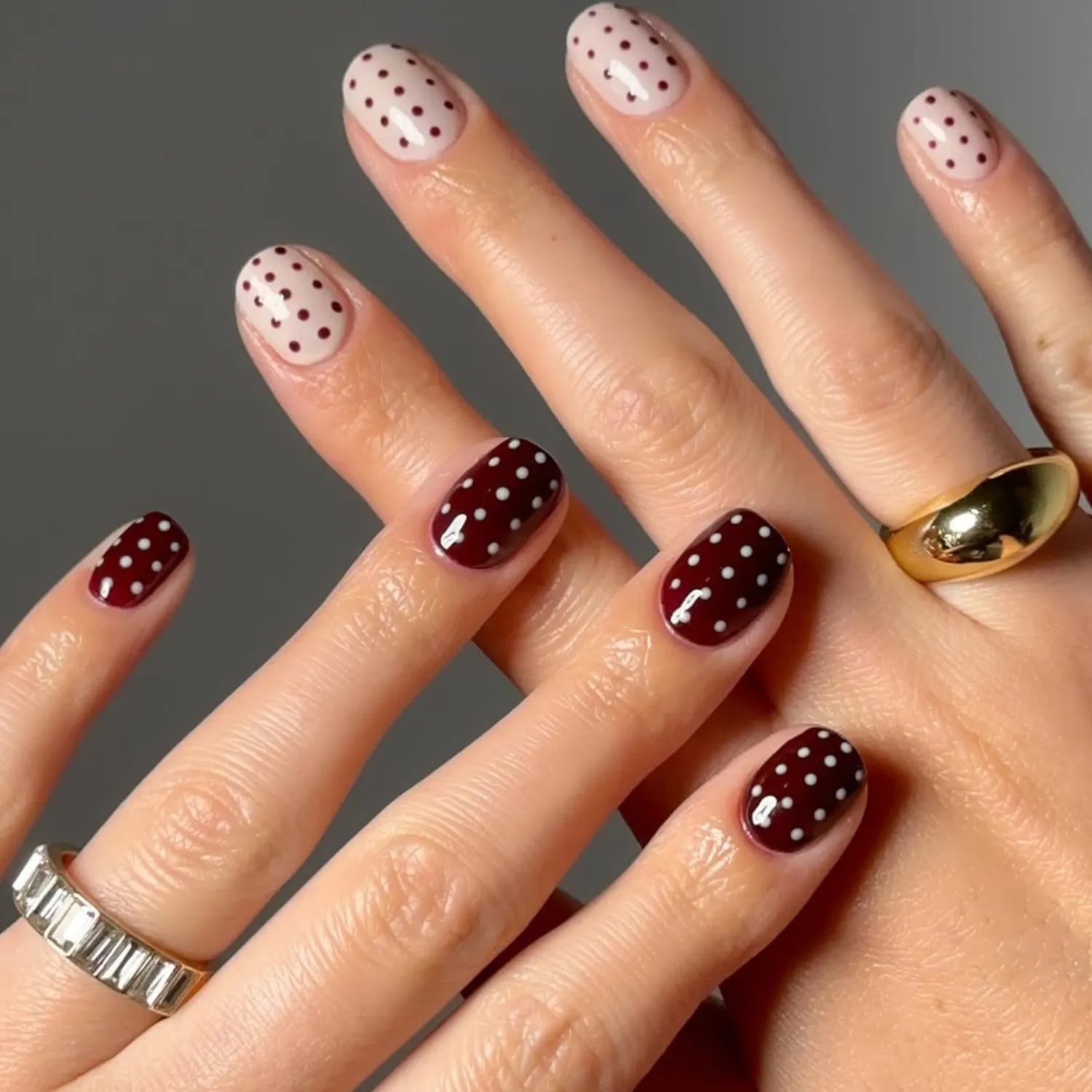 Medium Oval Nude Burgundy Polka Dot Nails — Oxblood Nails