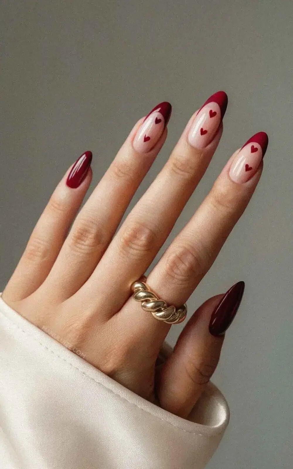 Long Almond Heart French Deep Oxblood Nails