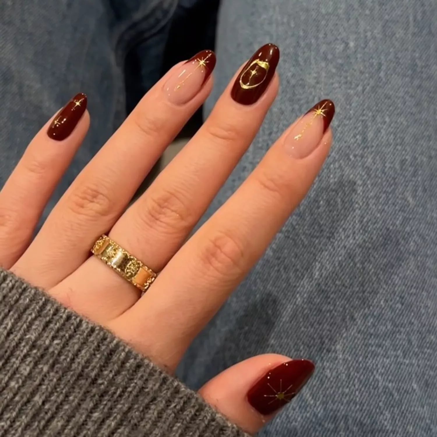 Medium Almond Oxblood Celestial Moon Star Nails — Oxblood Nails