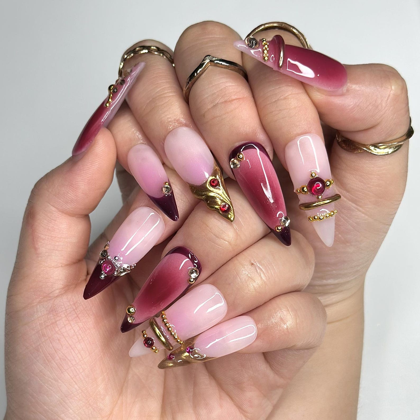 Long Stiletto Pink Oxblood Gradient Embellished Nails — Oxblood Nails