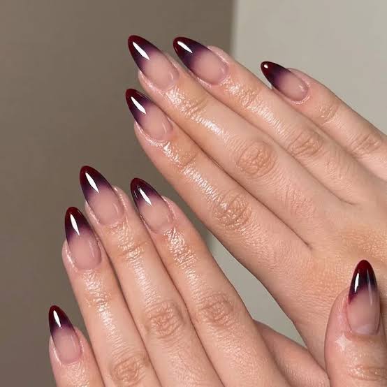 Long Stiletto Dark Red to Clear Ombre Nails — Oxblood Nails