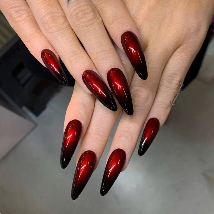 Long Stiletto Metallic Oxblood to Black Chrome Gradient Nails — Oxblood Nails