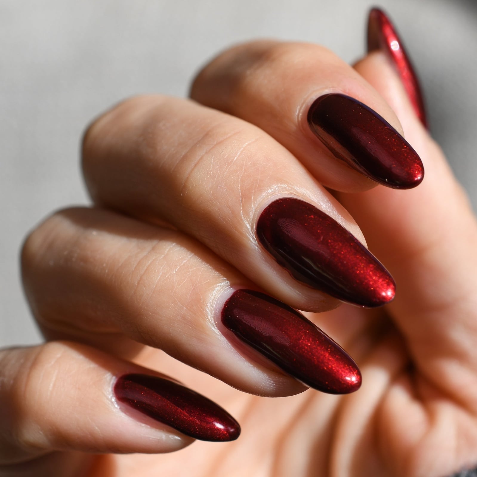Long Almond Deep Oxblood Shimmer Nails — Oxblood Nails
