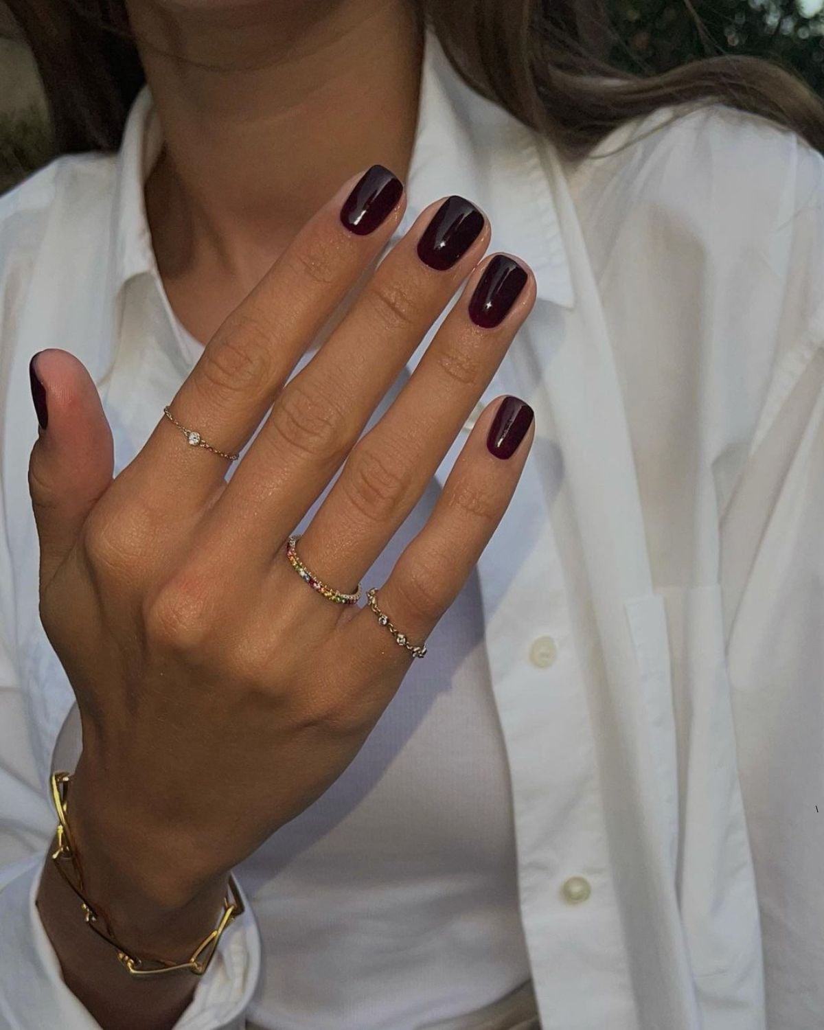 Short Square Deep Oxblood Glossy Nails, Close-Up Take — Oxblood Nails
