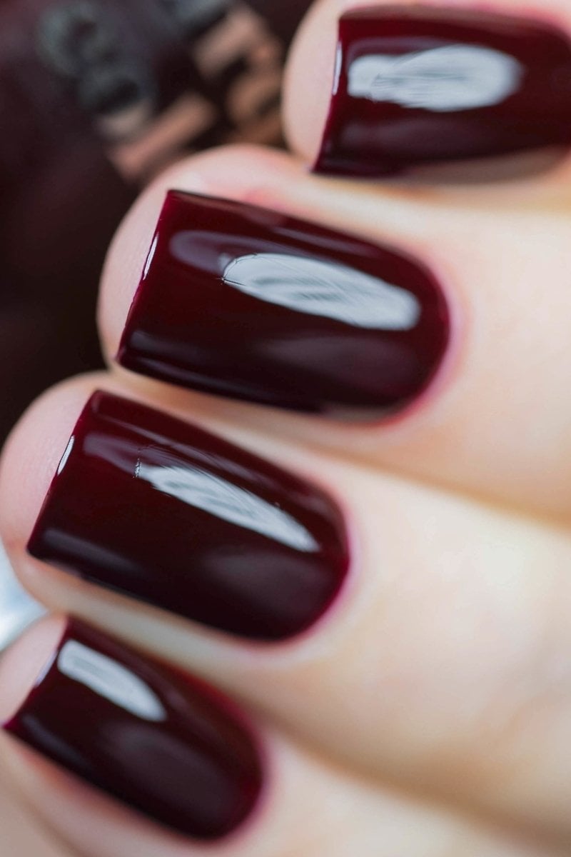 Mirror Gloss Deep Oxblood Short Rounded Square Nails — Oxblood Nails