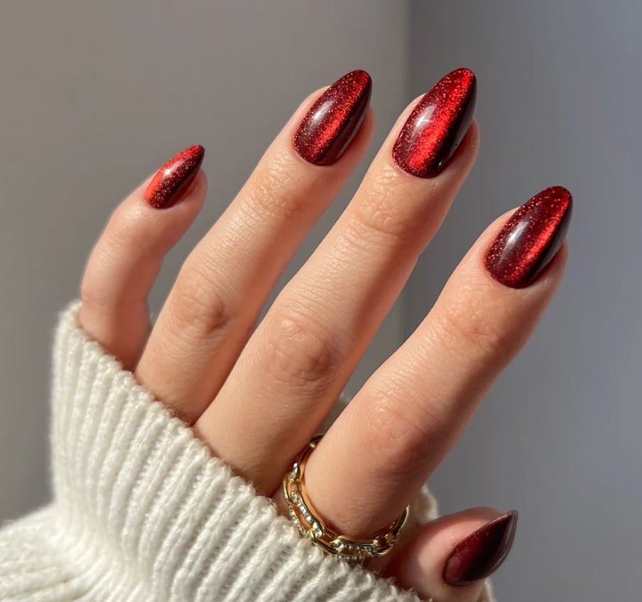 Medium Almond Cat Eye Deep Red Nails — Oxblood Nails