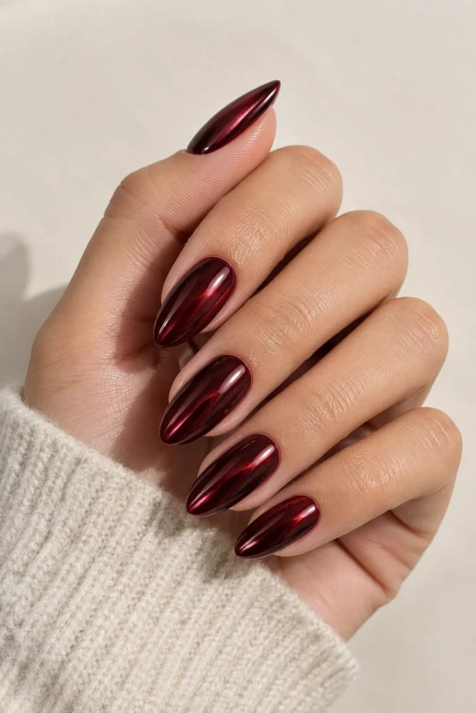Medium Almond Chrome Deep Oxblood Nails
