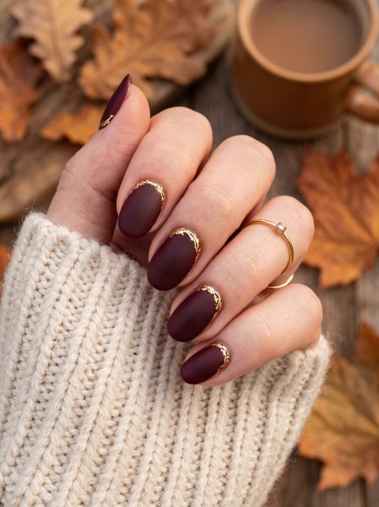Short Almond Matte Burgundy Gold Foil Nails — Oxblood Nails