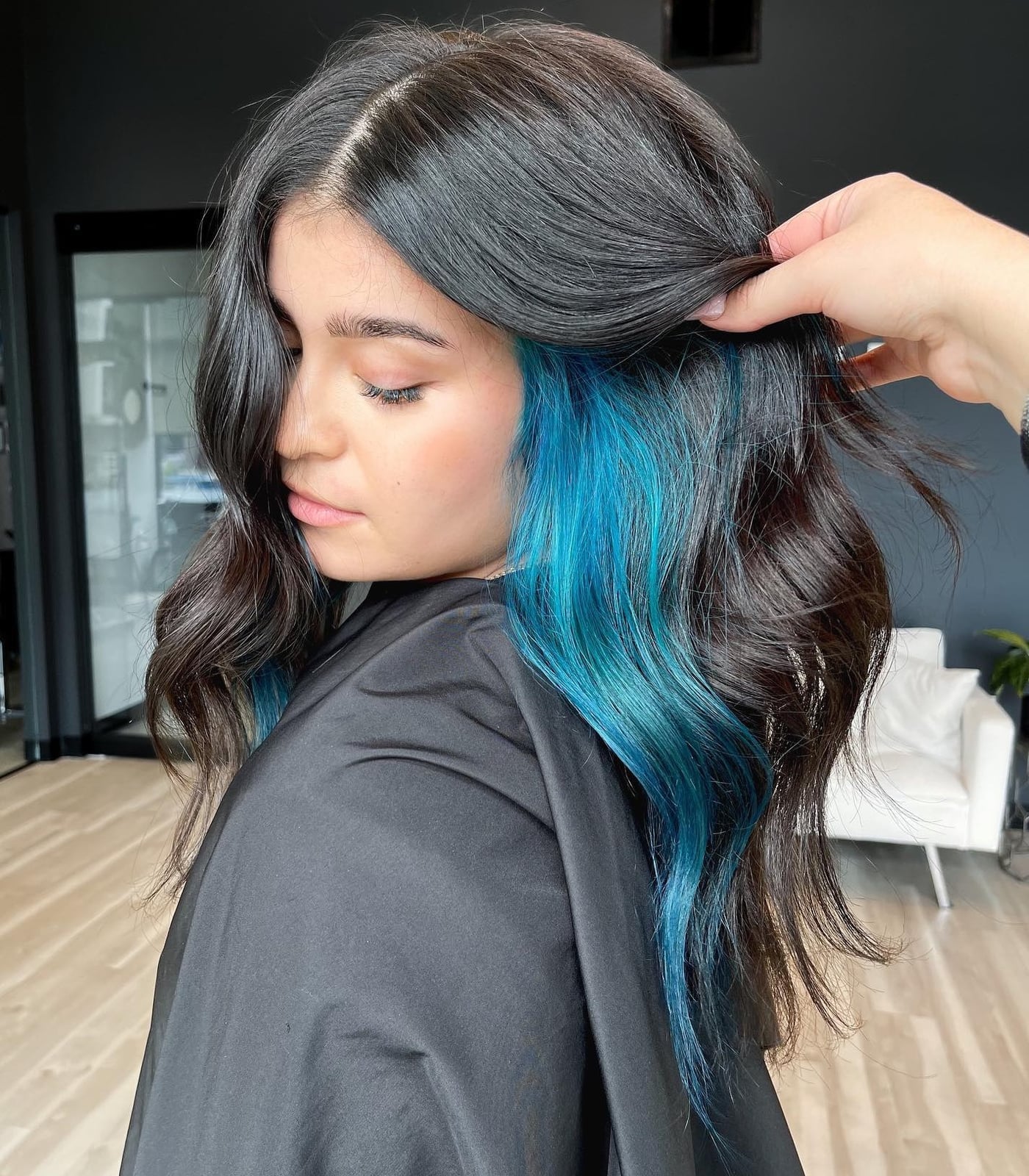Long Wavy Dark Brown With Bright Blue Peekaboo Highlights Long Wavy Dark Brown With Bright Blue Peekaboo Highlights