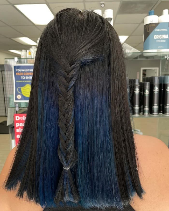 Chin Blunt Bob Dark Brown With Electric Blue Peekaboos Chin Blunt Bob Dark Brown With Electric Blue Peekaboos — Peekaboo Highlights