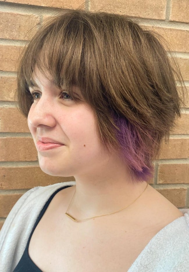 Chin Shaggy Bob Light Brown With Purple Peekaboos, Wavy Chin Shaggy Bob Light Brown With Purple Peekaboos, Wavy — Peekaboo Highlights