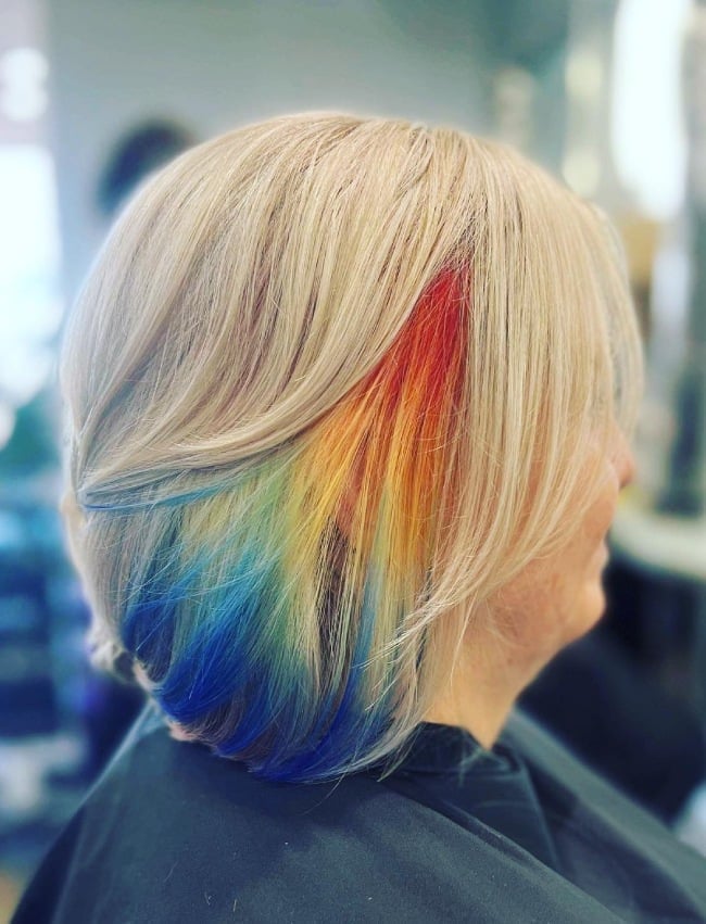 Blonde Collarbone Bob With Rainbow Peekaboo Highlights Blonde Collarbone Bob With Rainbow Peekaboo Highlights