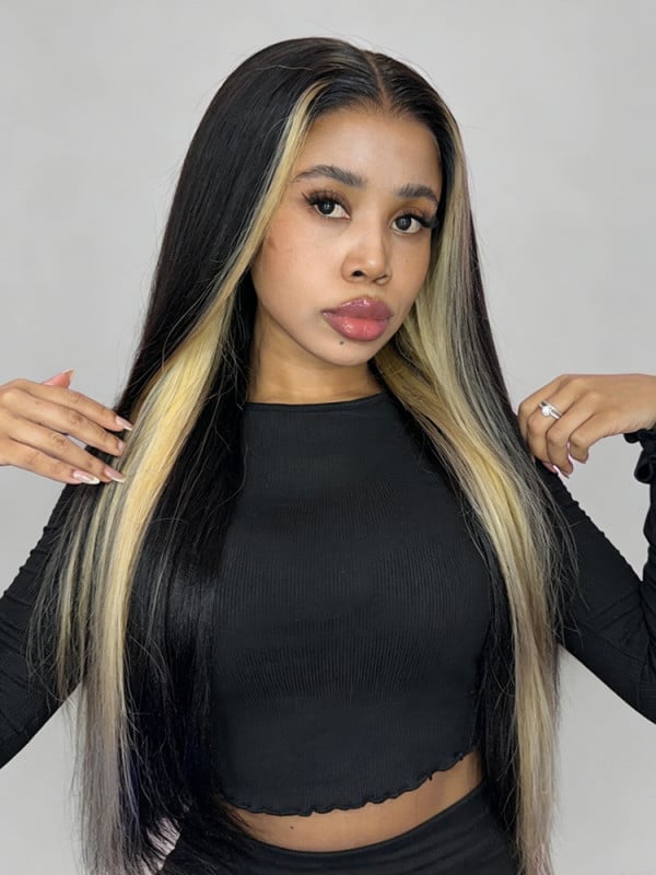 Mid-Back Straight Black With Blonde Peekaboo Highlights Mid-Back Straight Black With Blonde Peekaboo Highlights