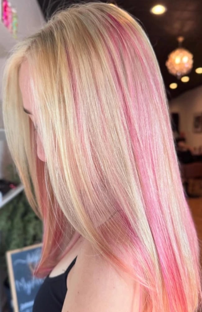 Shoulder Blonde With Pink Peekaboo Highlights Shoulder Blonde With Pink Peekaboo Highlights