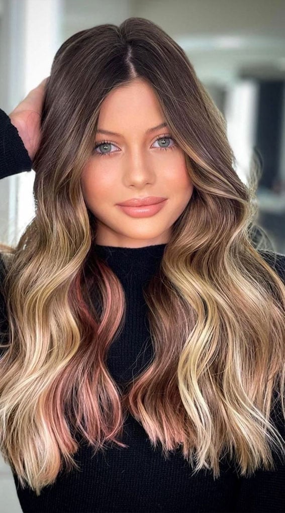 Mid-Back Medium Brown With Blonde And Rose Gold Peekaboos Mid-Back Medium Brown With Blonde And Rose Gold Peekaboos — Peekaboo Highlights