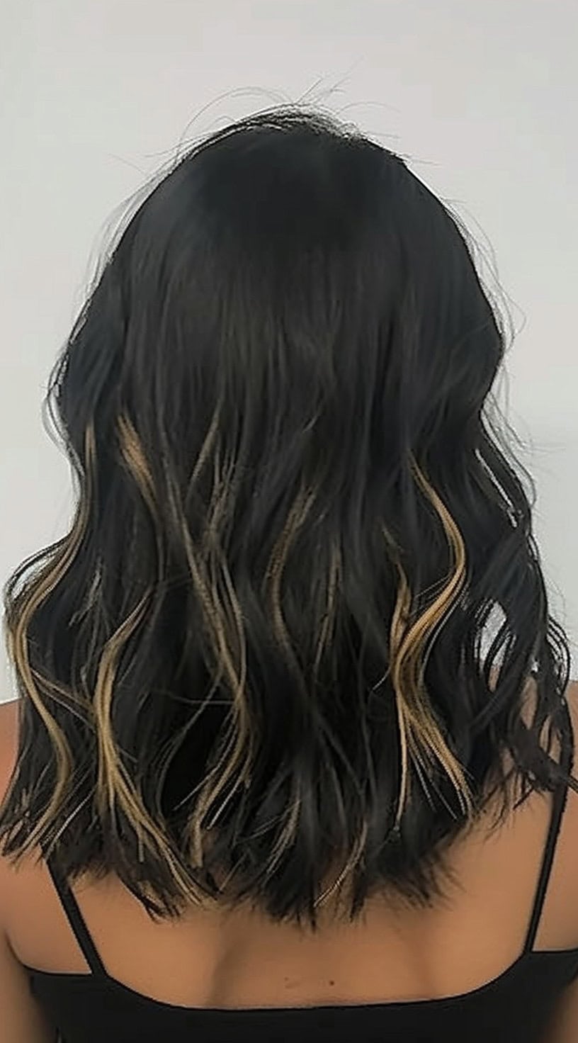 Shoulder Dark Wavy With Subtle Blonde Peekaboos Shoulder Dark Wavy With Subtle Blonde Peekaboos — Peekaboo Highlights