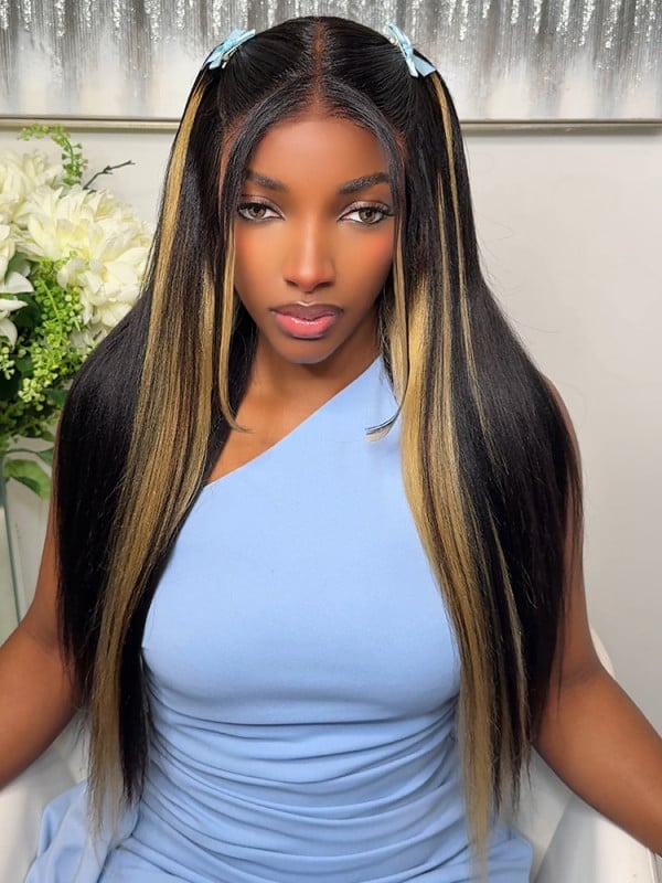 Thick Black Mid-Back With Face-Framing Blonde Peekaboos Thick Black Mid-Back With Face-Framing Blonde Peekaboos — Peekaboo Highlights