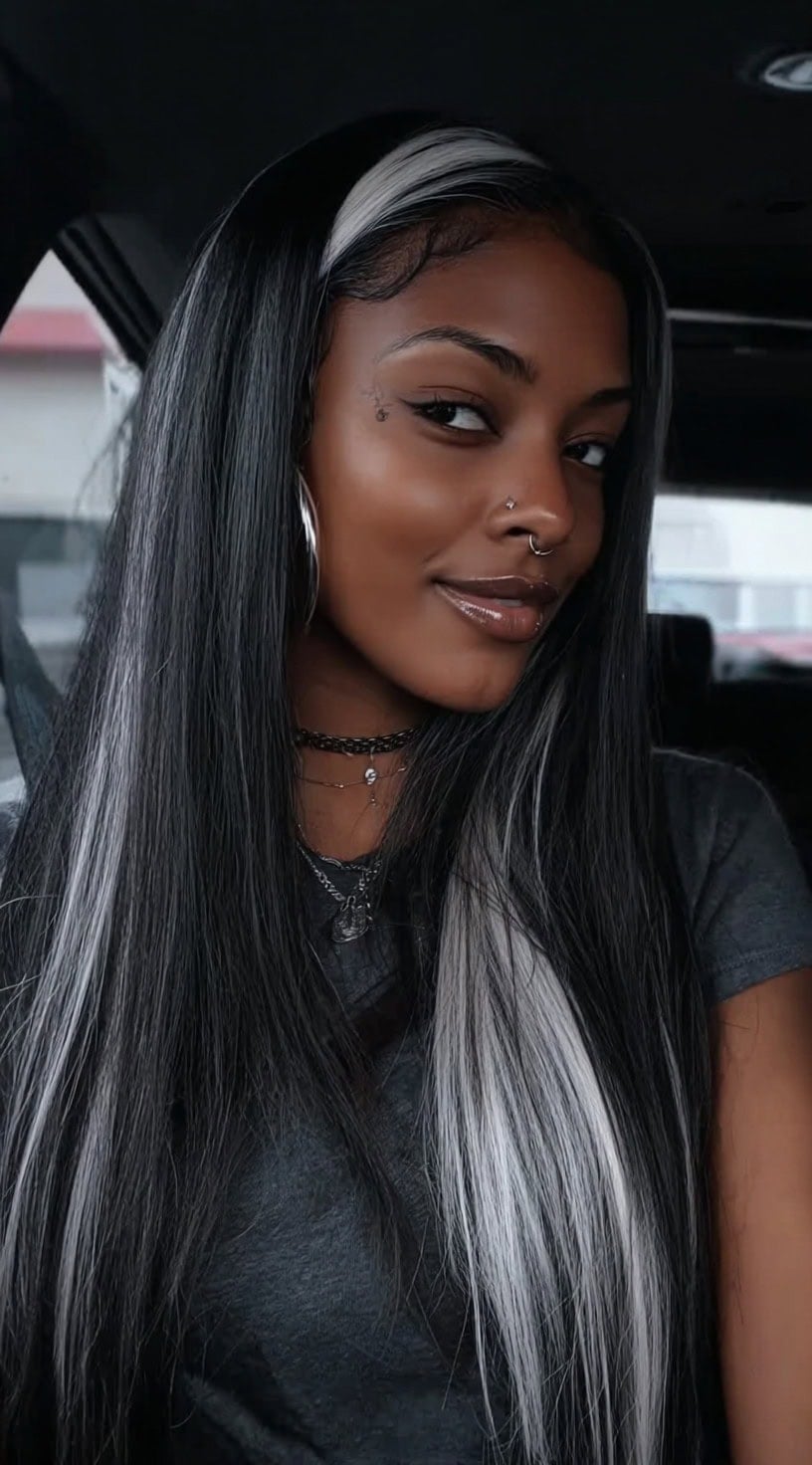 Mid-Back Black With Silver Peekaboo Highlights Mid-Back Black With Silver Peekaboo Highlights