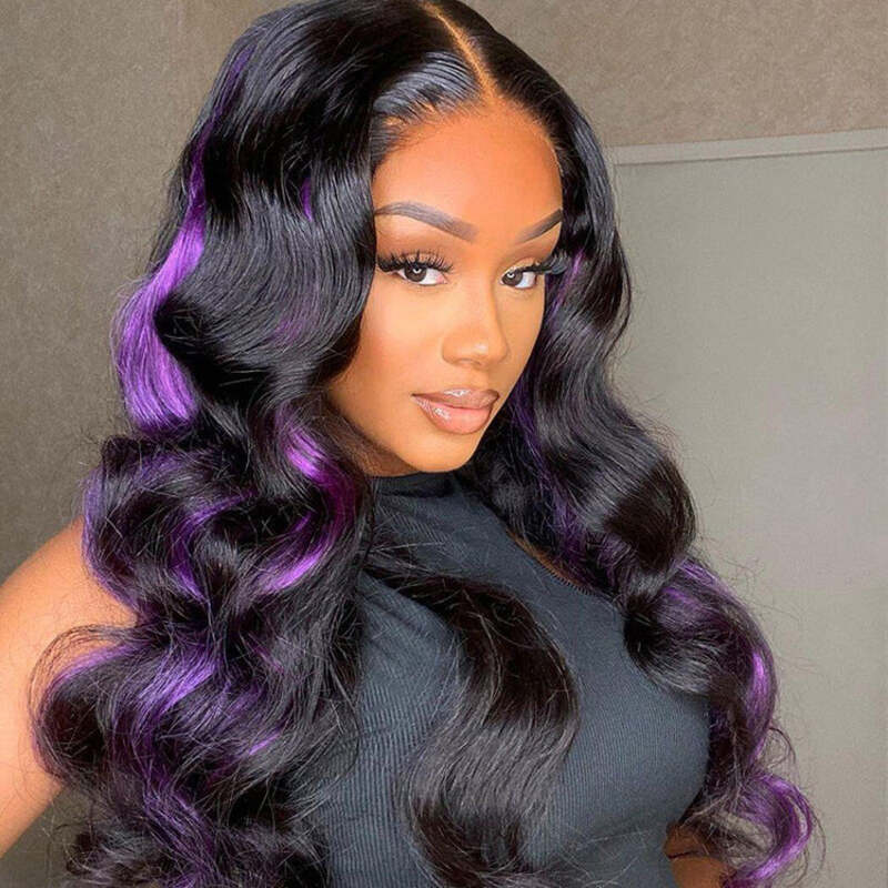 Mid-Back Wavy Dark With Vivid Purple Peekaboos, Layers Mid-Back Wavy Dark With Vivid Purple Peekaboos, Layers — Peekaboo Highlights