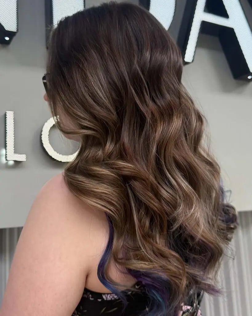 Mid-Back Wavy Dark Brown With Blonde And Purple Peekaboos, Side Mid-Back Wavy Dark Brown With Blonde And Purple Peekaboos, Side — Peekaboo Highlights