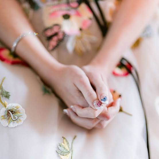Short Almond Nude Base White Tip Blue Heart Nails — Photoshoot Nails