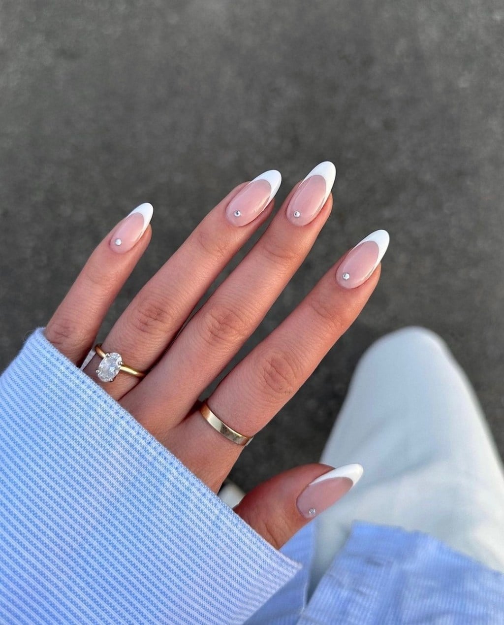 Medium Oval Sheer Pink White Tip Rhinestone Nails — Photoshoot Nails