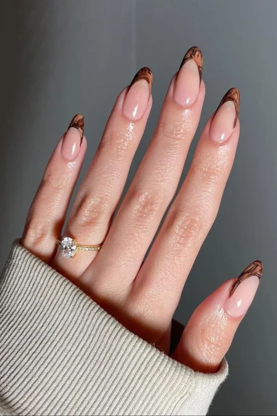 Long Almond Nude Abstract Brown Line Art Nails — Photoshoot Nails