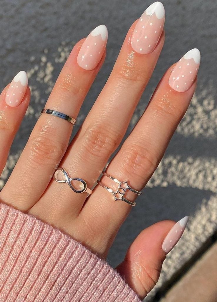 Medium Almond Pink Polka Dot French Tip Nails — Photoshoot Nails