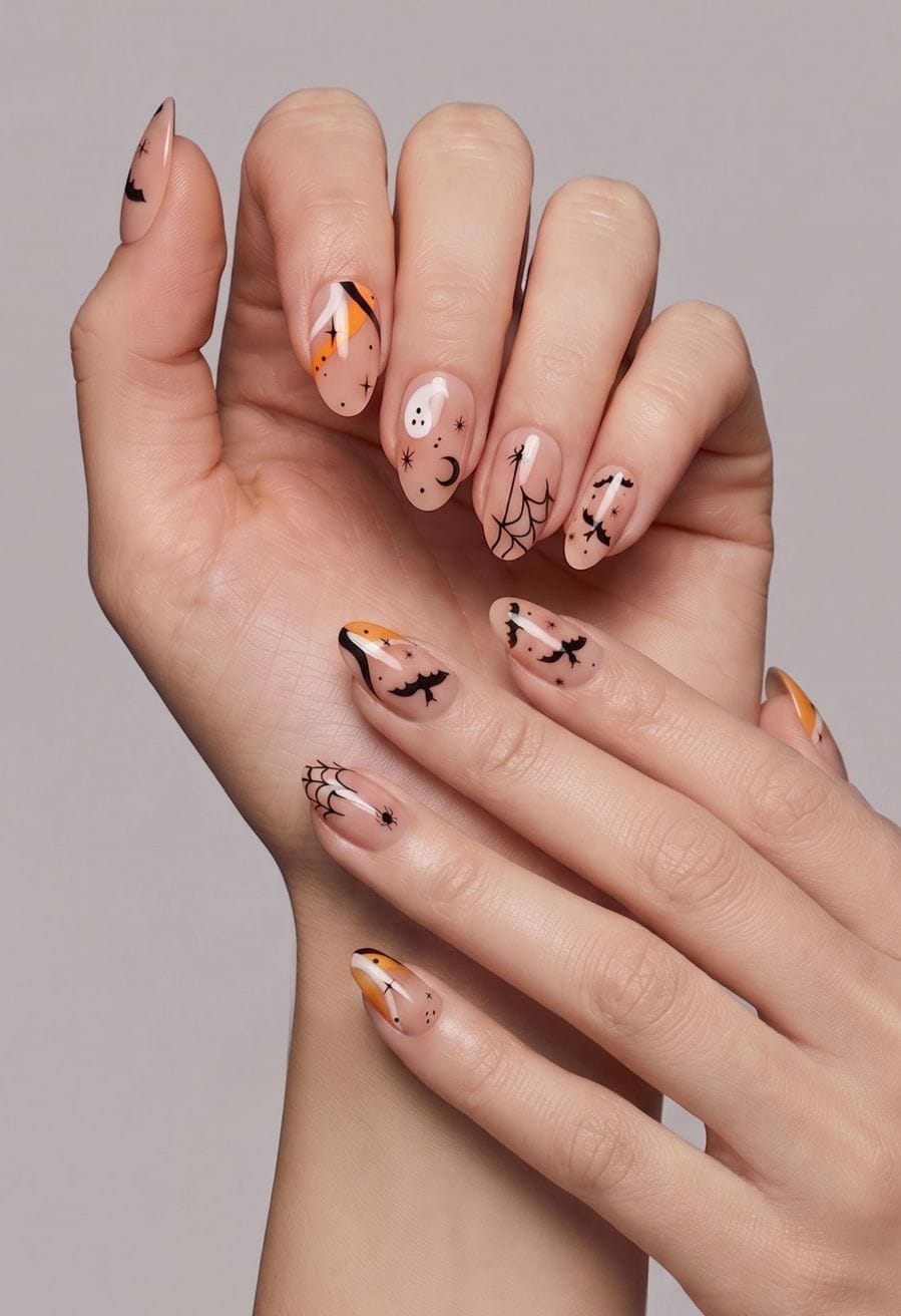 Medium Almond Halloween Bat Spider Moon Web Nails — Photoshoot Nails